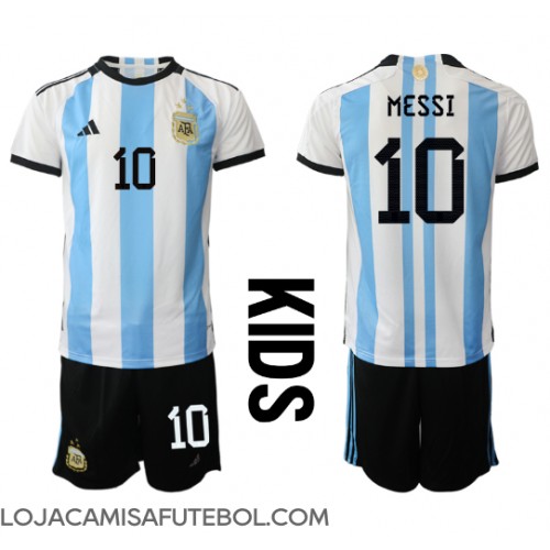 Camisa de Futebol Argentina Lionel Messi #10 Equipamento Principal Infantil Mundo 2022 Manga Curta (+ Calças curtas)